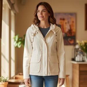 JOSEPH RIBKOFF CREAM TAILORED GOLD BUCKLE DETAIL MOTO UTILITY JACKET SIZE 8